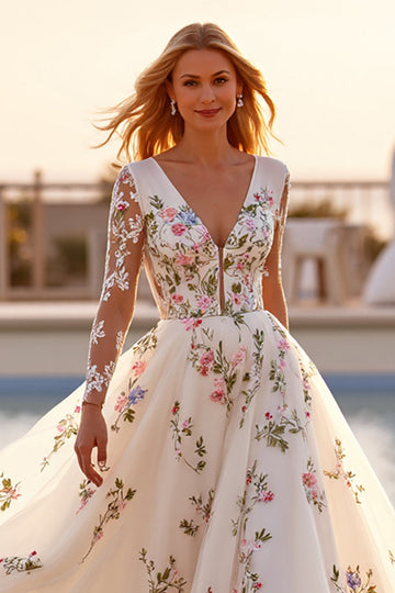 Kolorowa Biała Kształcie Litery A Tiulowe Księżniczka Suknie Ślubne W Kwiaty